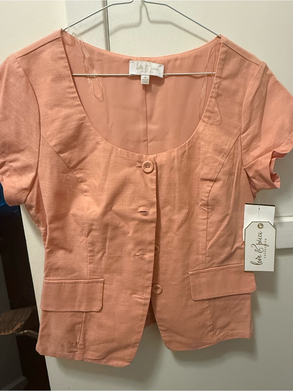 Love & Piece collective Peach Short-Sleeve Button Front Blouse with Flap Pockets
